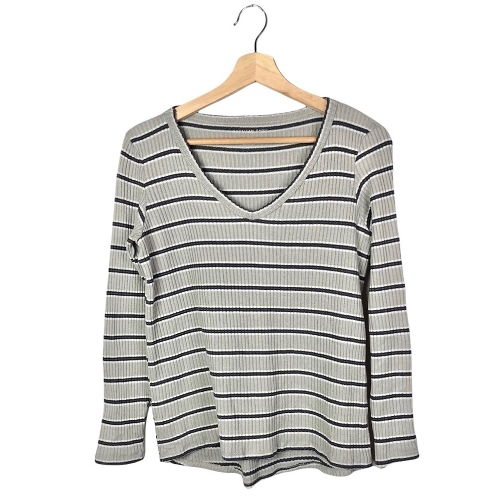 American Eagle AEO Gray Striped Ribbed Thermal Plush Long Sleeve T-Shirt S